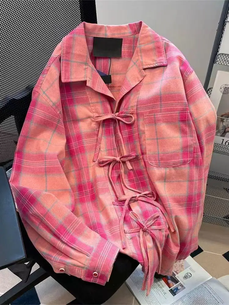 Winter Clothing Vintage - Y2k американская винтажная розовая клетчатая рубашка